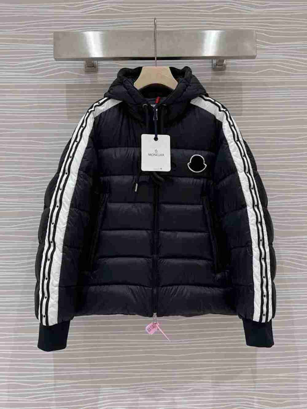 Moncler Black Hooded Down Jacket White Side Stripes